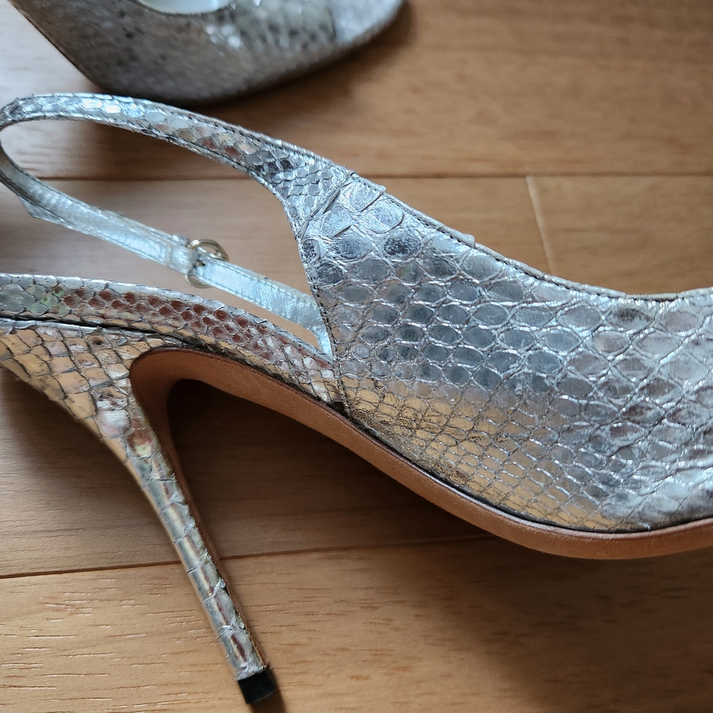 Gucci Silver Snakeskin Peep-Toe Heels